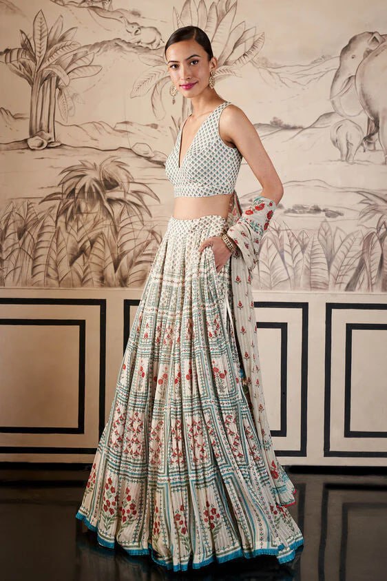 Zari Gota Digital Print Lehenga Choli with Chinon Lace Dupatta