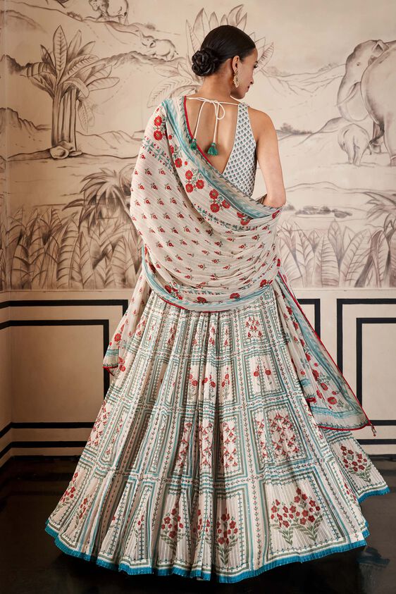 Zari Gota Digital Print Lehenga Choli with Chinon Lace Dupatta