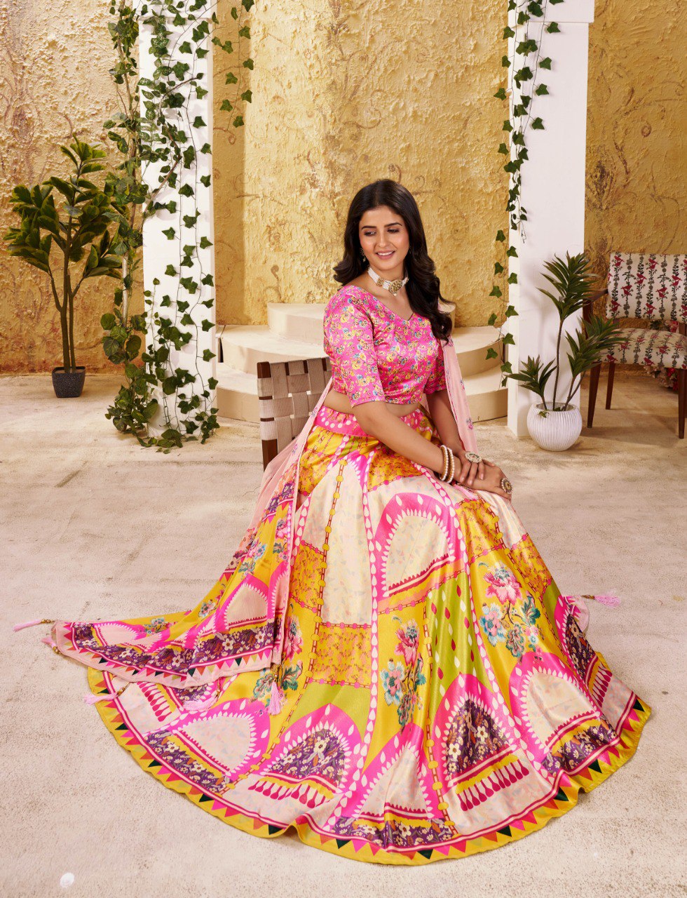 Zari Gota Satin Digital Print Lehenga Choli with Chinon Lace Dupatta