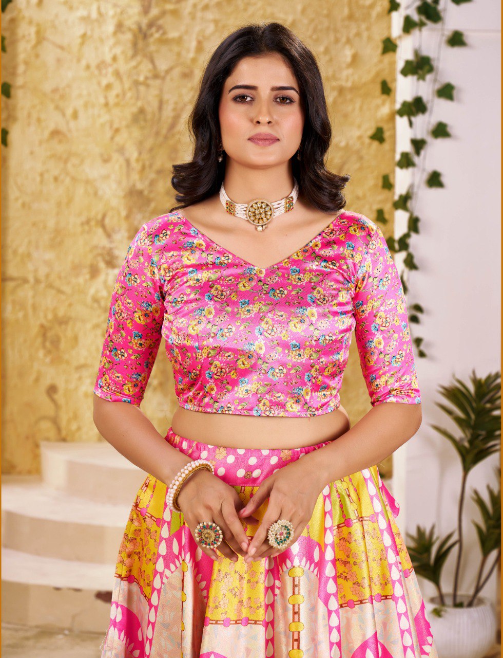 Zari Gota Satin Digital Print Lehenga Choli with Chinon Lace Dupatta