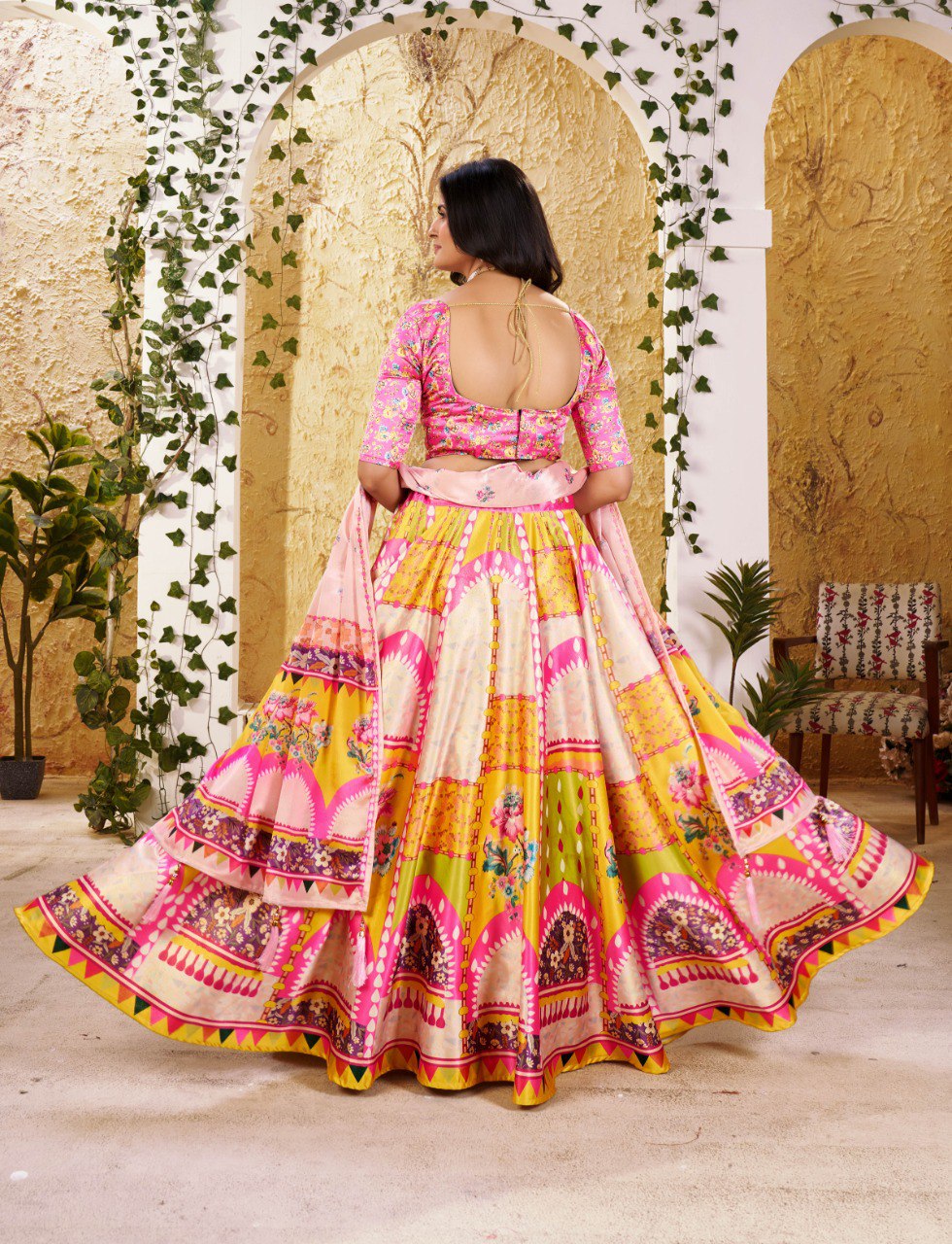 Zari Gota Satin Digital Print Lehenga Choli with Chinon Lace Dupatta
