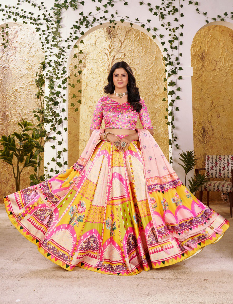 Zari Gota Satin Digital Print Lehenga Choli with Chinon Lace Dupatta