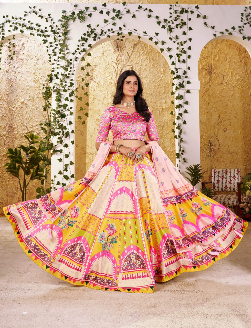 Zari Gota Satin Digital Print Lehenga Choli with Chinon Lace Dupatta