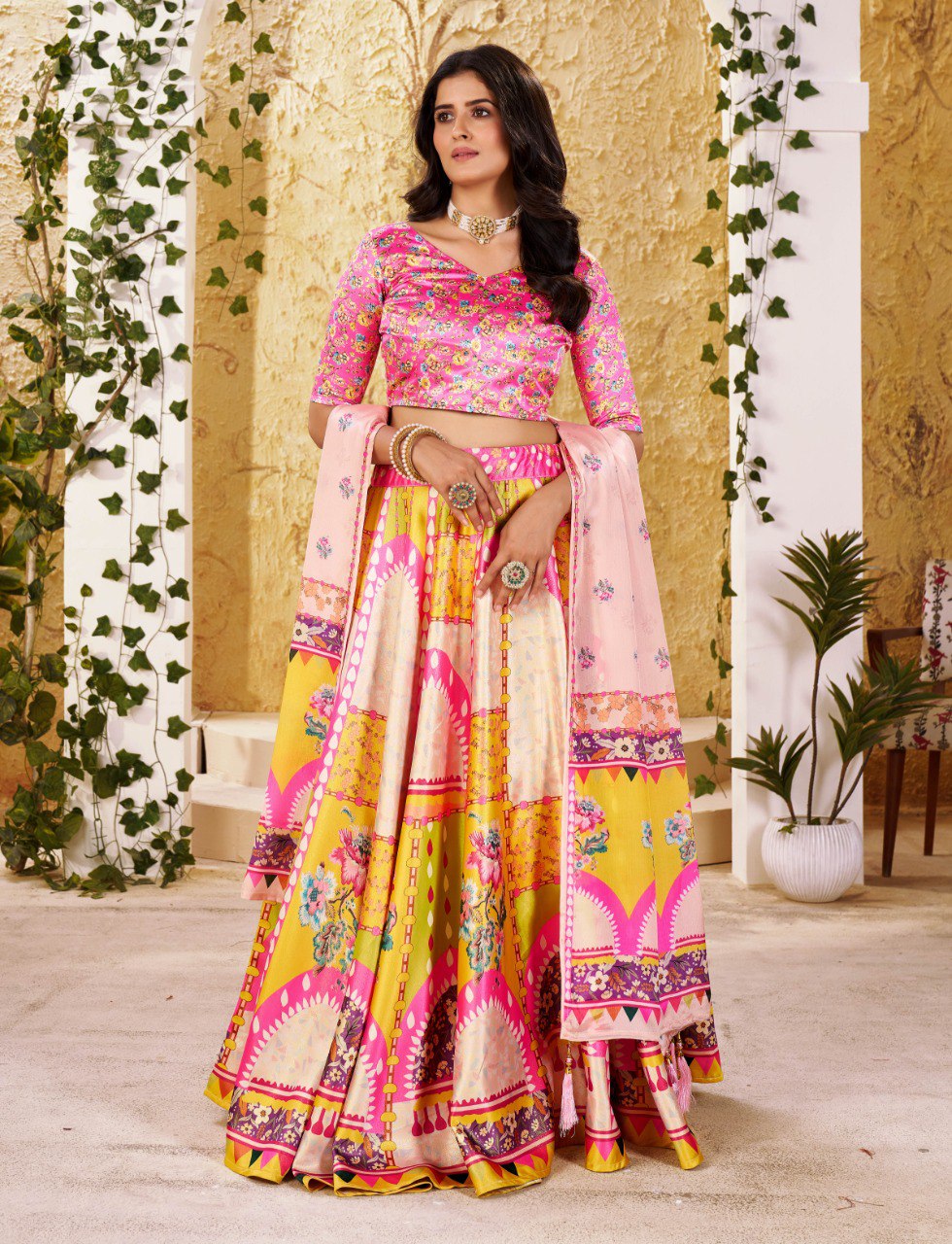 Zari Gota Satin Digital Print Lehenga Choli with Chinon Lace Dupatta
