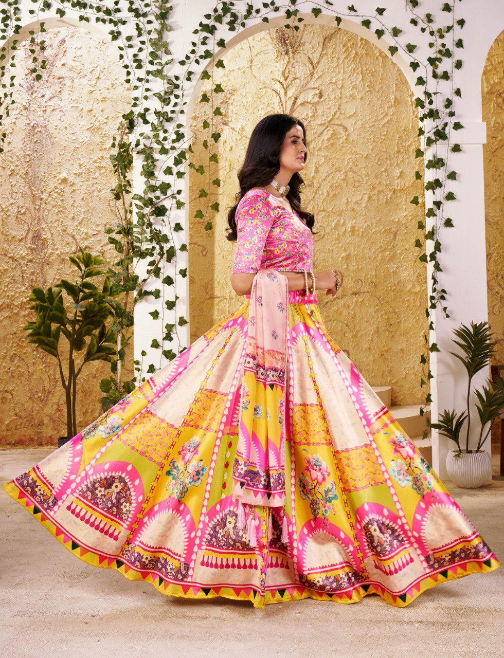 Zari Gota Satin Digital Print Lehenga Choli with Chinon Lace Dupatta