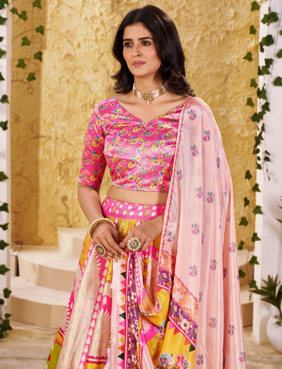 Zari Gota Satin Digital Print Lehenga Choli with Chinon Lace Dupatta