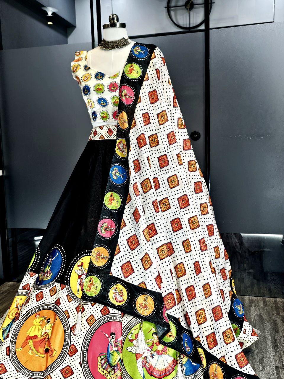Rayon Cotton Gamthi Mirror Work Lehenga Choli with Printed Dupatta