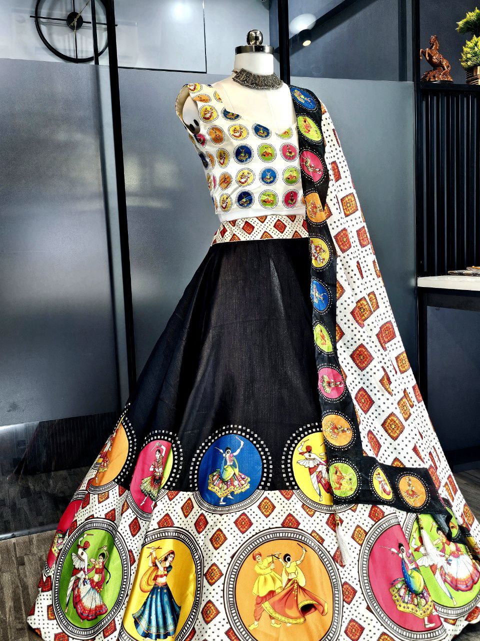 Rayon Cotton Gamthi Mirror Work Lehenga Choli with Printed Dupatta