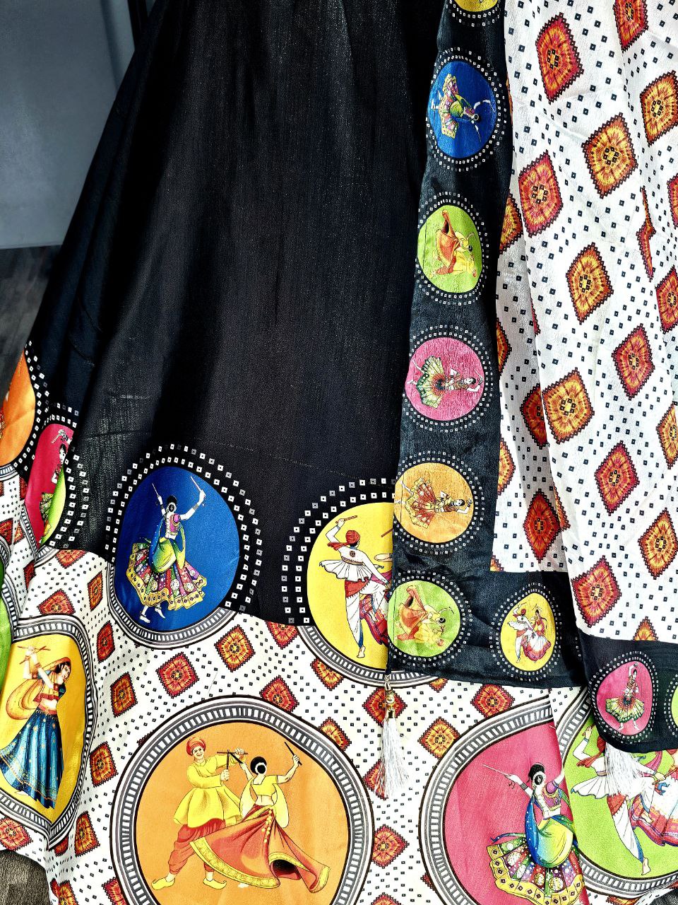 Rayon Cotton Gamthi Mirror Work Lehenga Choli with Printed Dupatta