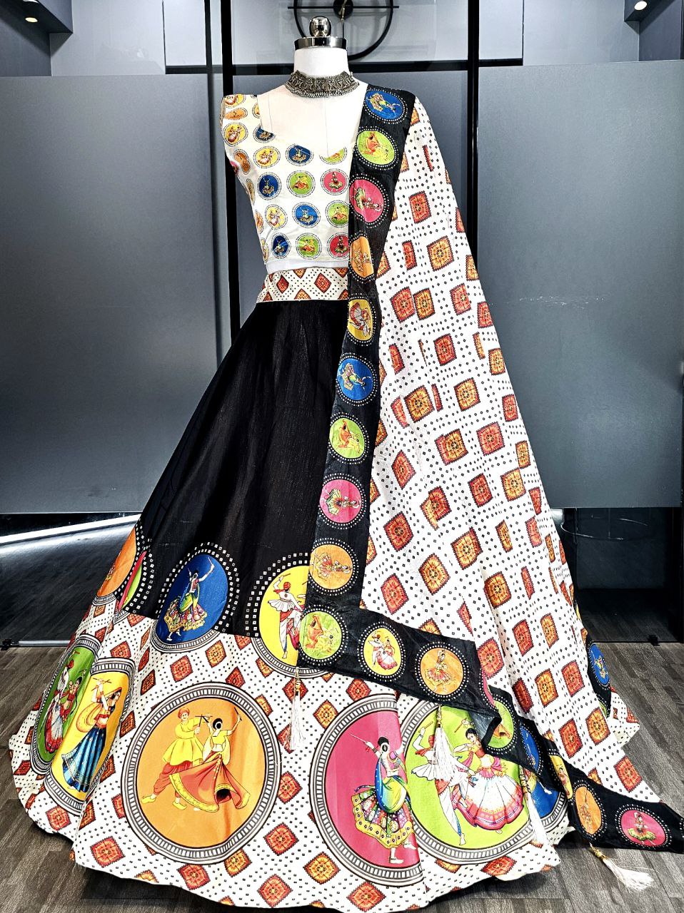 Rayon Cotton Gamthi Mirror Work Lehenga Choli with Printed Dupatta