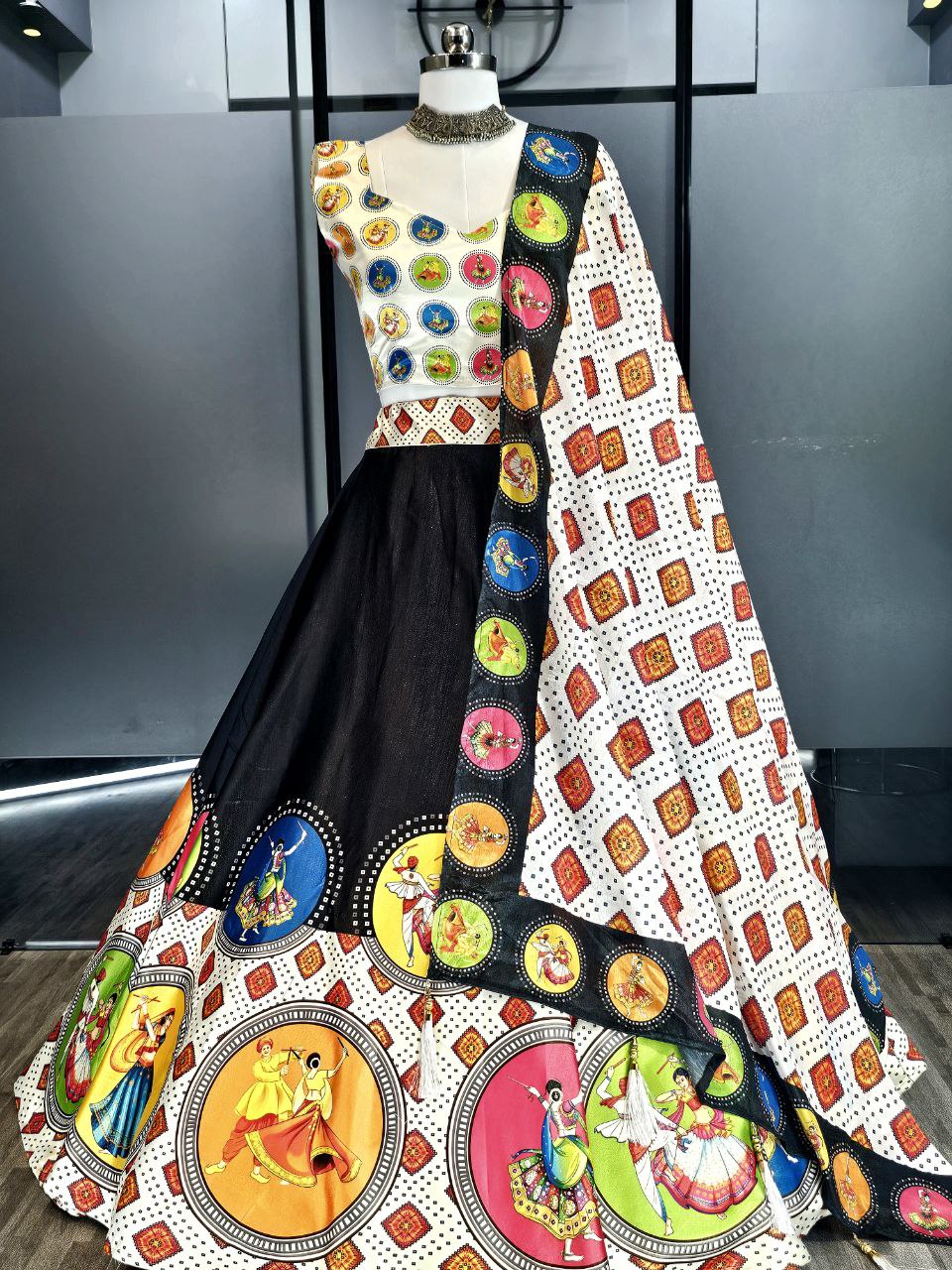 Rayon Cotton Gamthi Mirror Work Lehenga Choli with Printed Dupatta