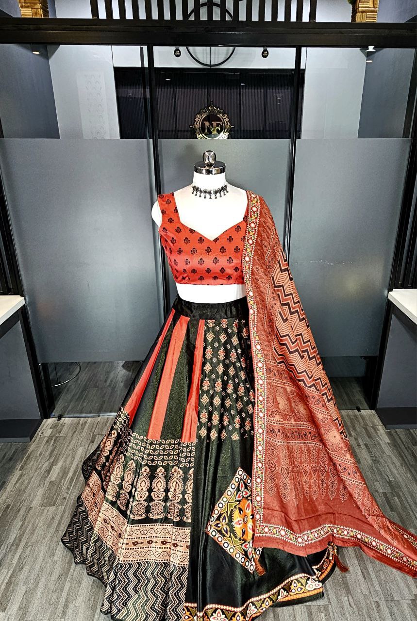 Satin Lehenga Choli with Digital Print and Heavy Lace Dupatta