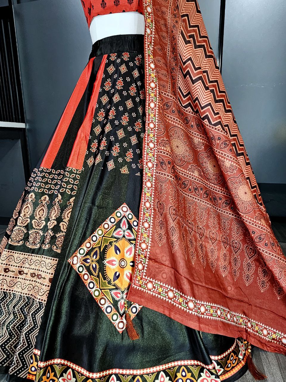 Satin Lehenga Choli with Digital Print and Heavy Lace Dupatta