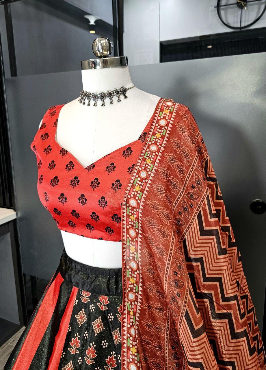 Satin Lehenga Choli with Digital Print and Heavy Lace Dupatta