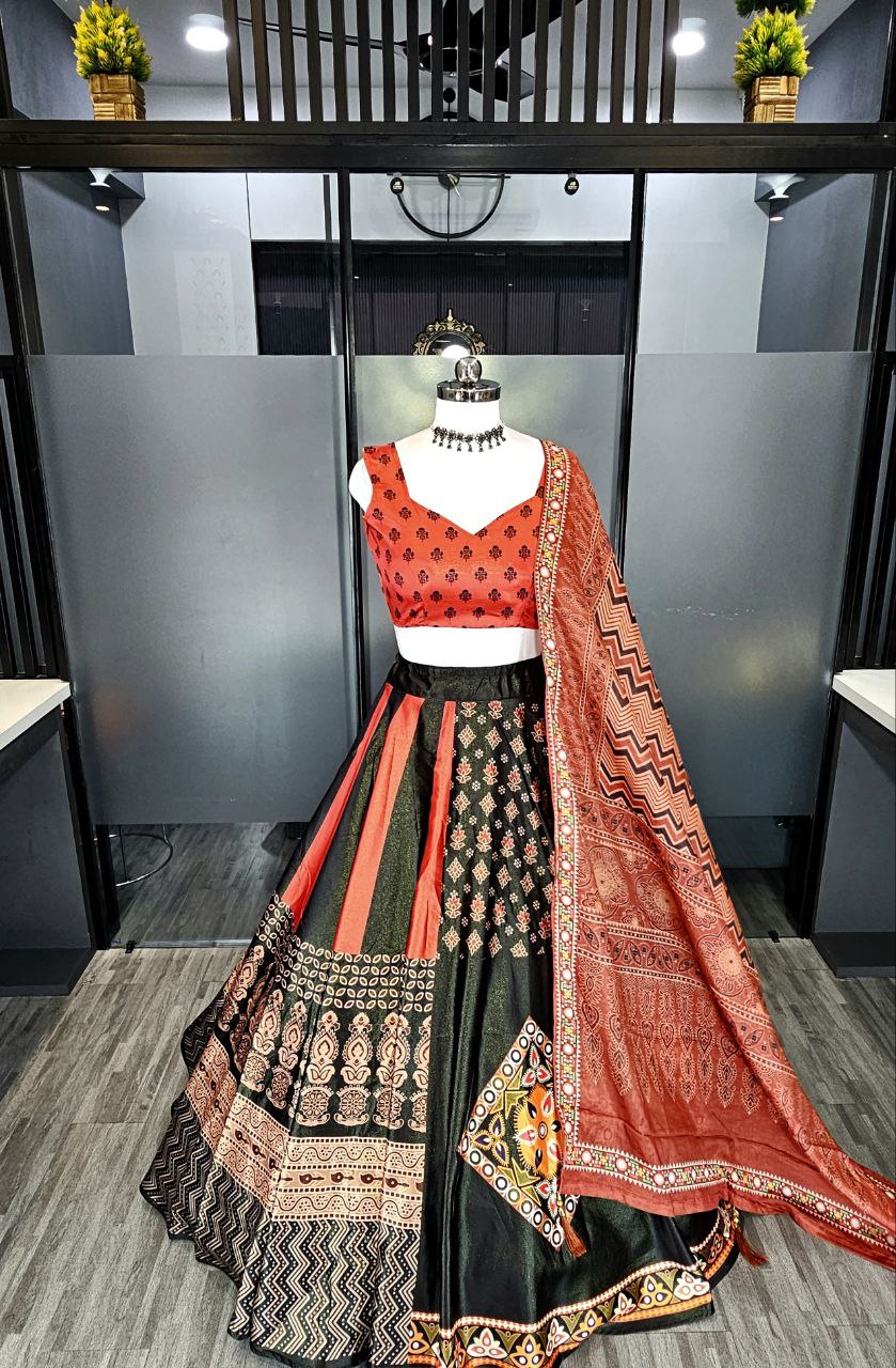 Satin Lehenga Choli with Digital Print and Heavy Lace Dupatta