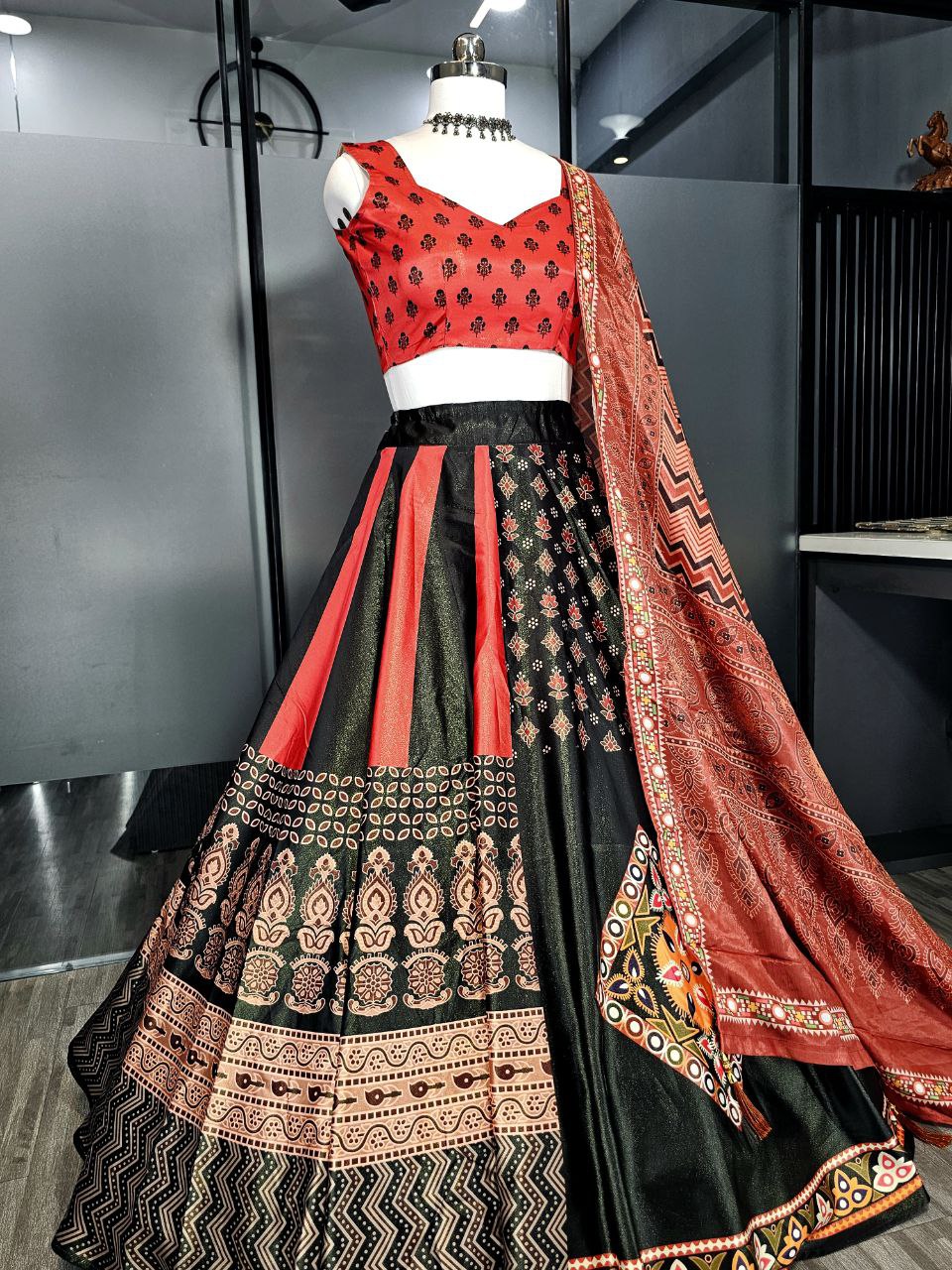 Satin Lehenga Choli with Digital Print and Heavy Lace Dupatta