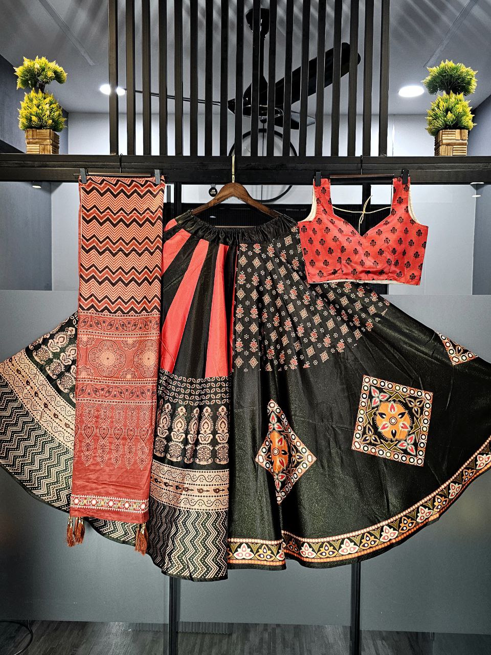 Satin Lehenga Choli with Digital Print and Heavy Lace Dupatta