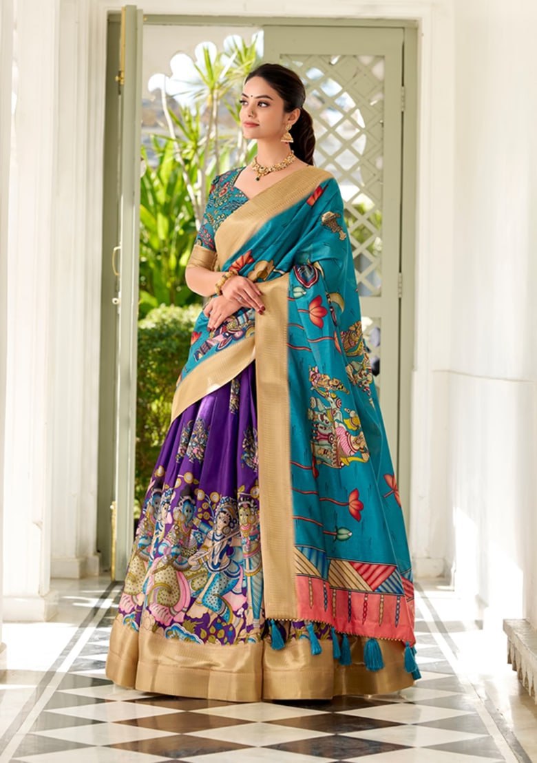 💐 Adorned in Elegance: Kalamkari Dola Silk Lehenga Choli 💐 Whispering tales of tradition & beauty…