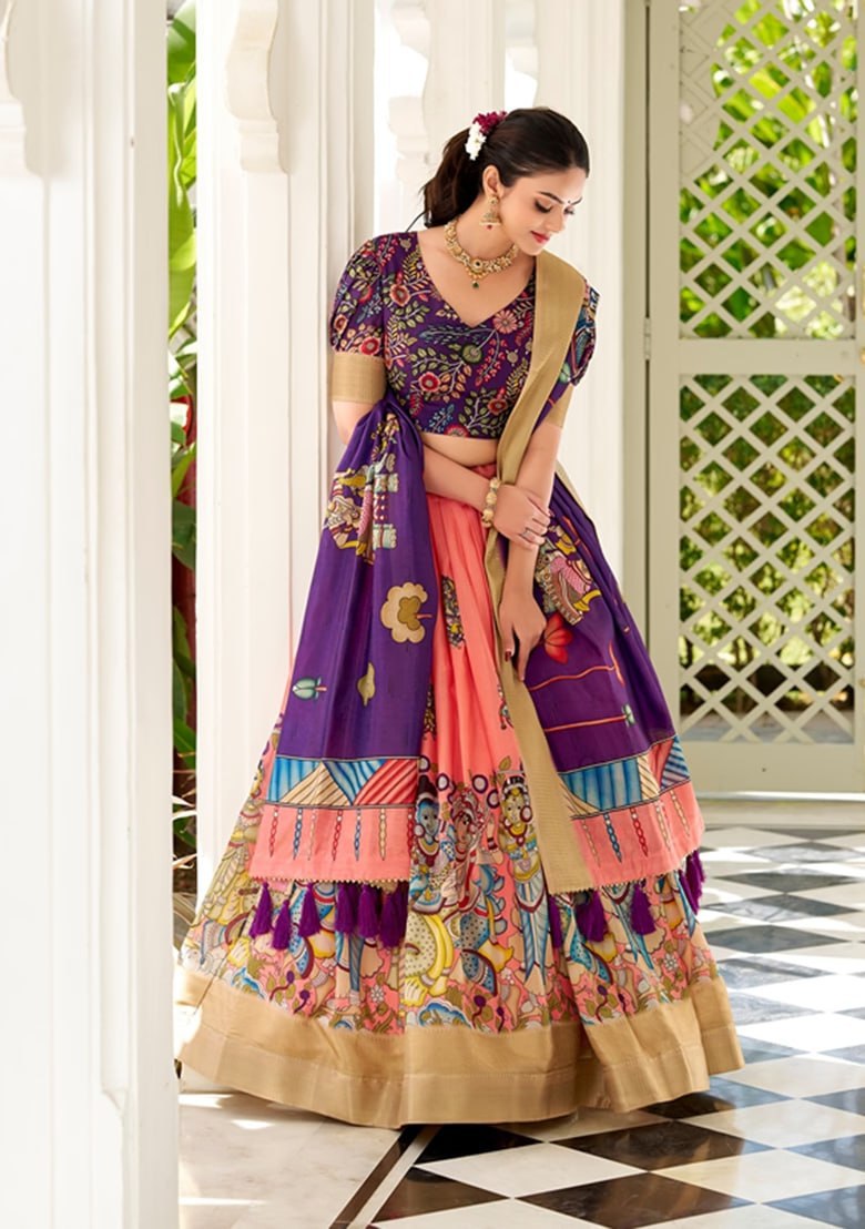 💐 Adorned in Elegance: Kalamkari Dola Silk Lehenga Choli 💐 Whispering tales of tradition & beauty…