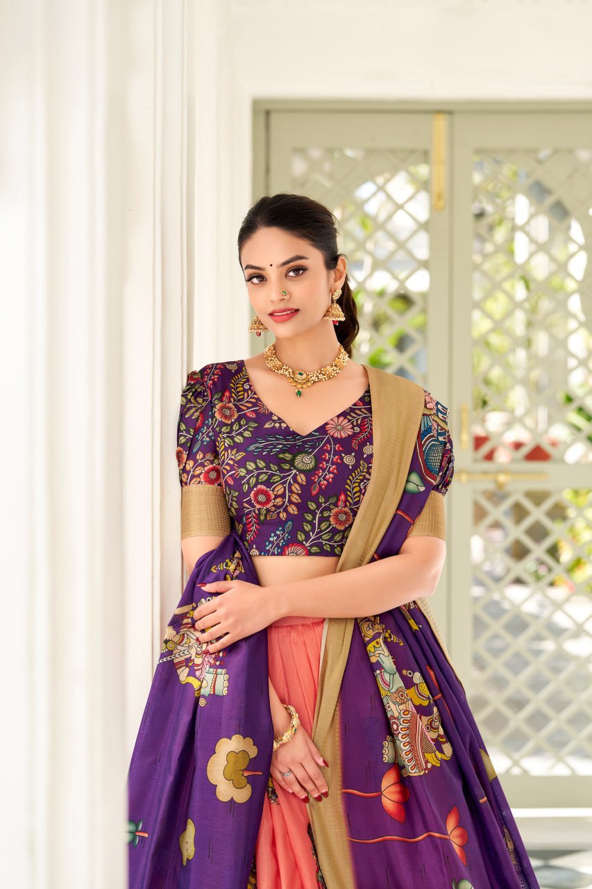 💐 Adorned in Elegance: Kalamkari Dola Silk Lehenga Choli 💐 Whispering tales of tradition & beauty…