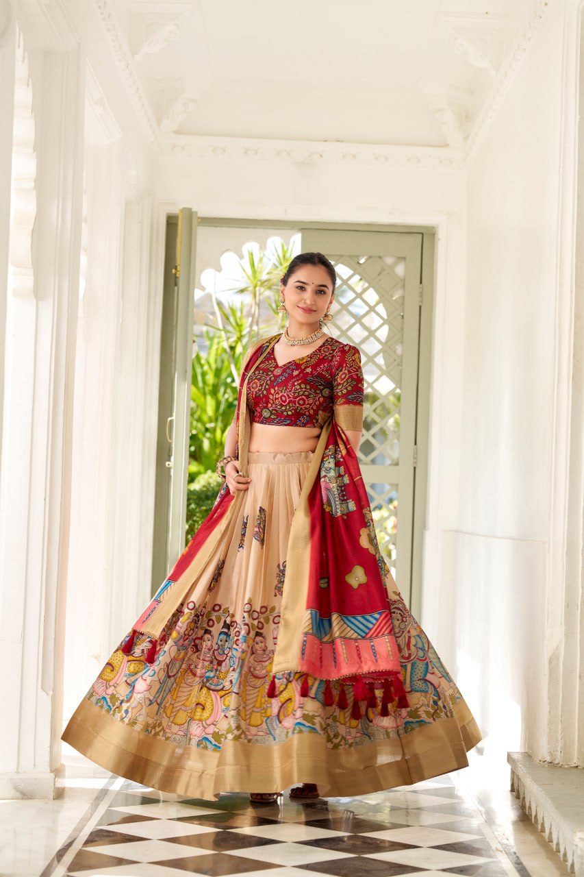 💐 Adorned in Elegance: Kalamkari Dola Silk Lehenga Choli 💐 Whispering tales of tradition & beauty…