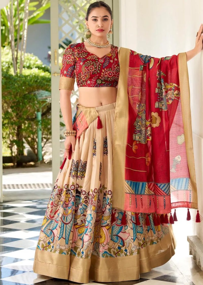 💐 Adorned in Elegance: Kalamkari Dola Silk Lehenga Choli 💐 Whispering tales of tradition & beauty…