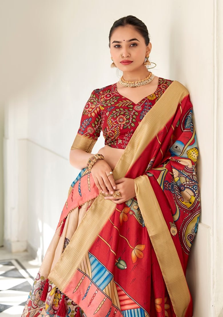💐 Adorned in Elegance: Kalamkari Dola Silk Lehenga Choli 💐 Whispering tales of tradition & beauty…