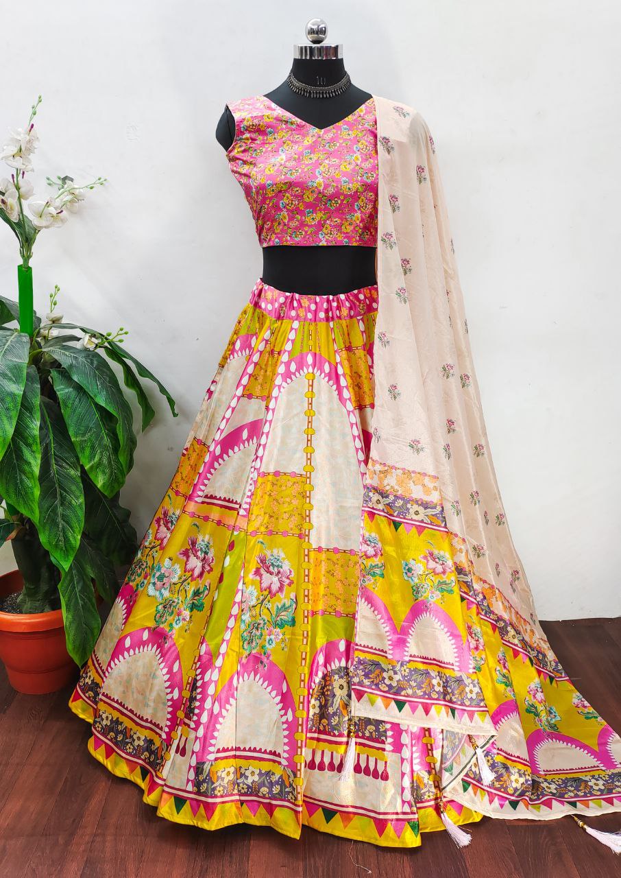 Elegant Aura Digital Printed Gota Satin Lehenga