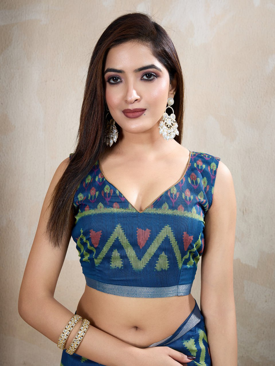 Brown & Blue Ikat Printed Chanderi Saree