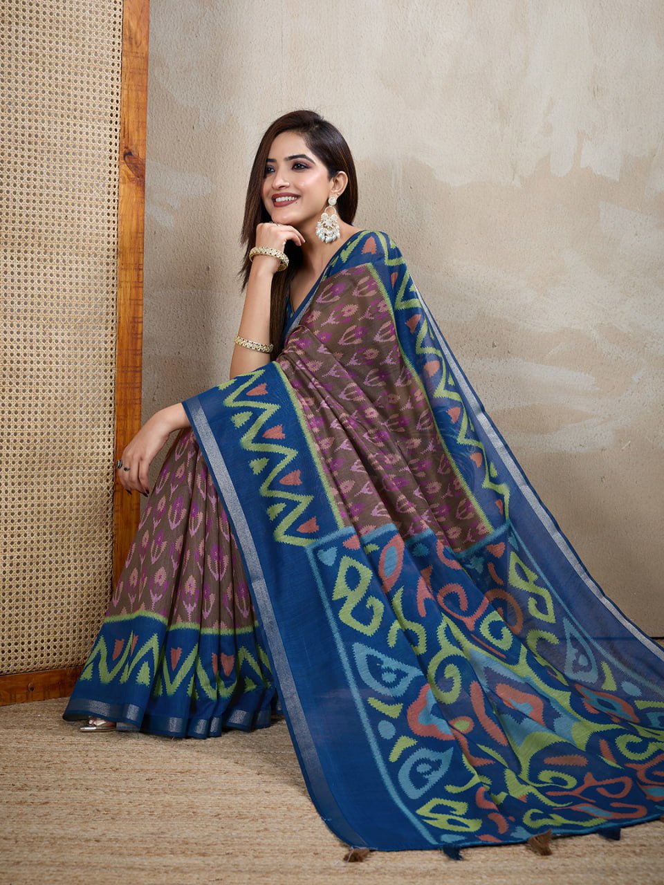 Brown & Blue Ikat Printed Chanderi Saree