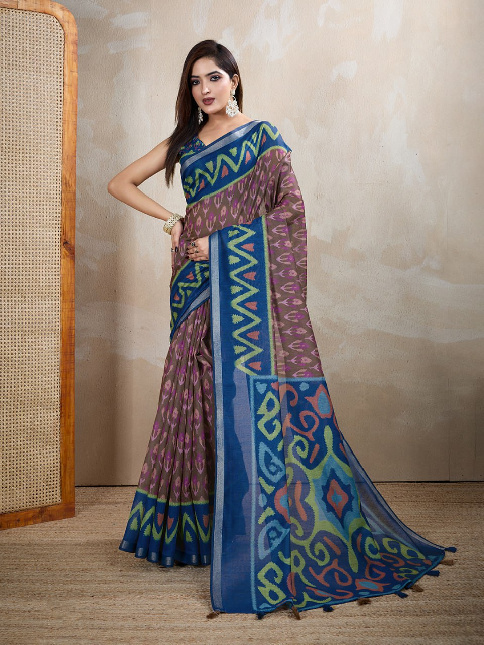 Brown & Blue Ikat Printed Chanderi Saree