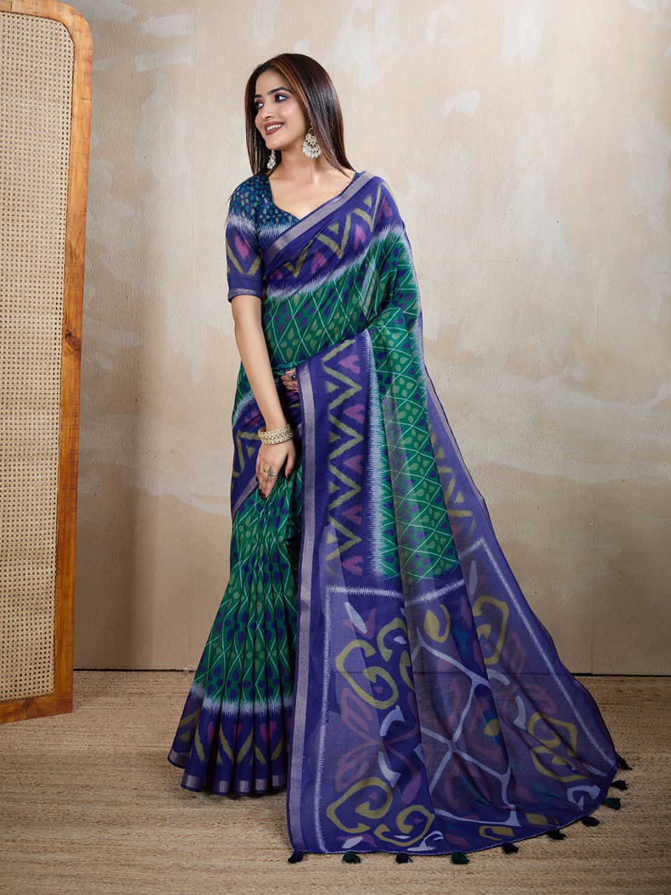 Blue & Green Ikat Printed Chanderi Saree