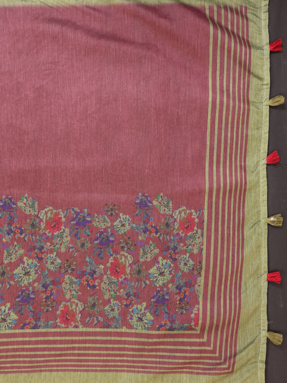 Maroon & Olive Floral Printed Chanderi Saree