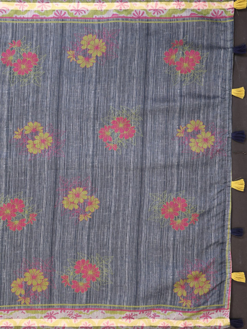 Grey Floral Printed Chanderi Saree