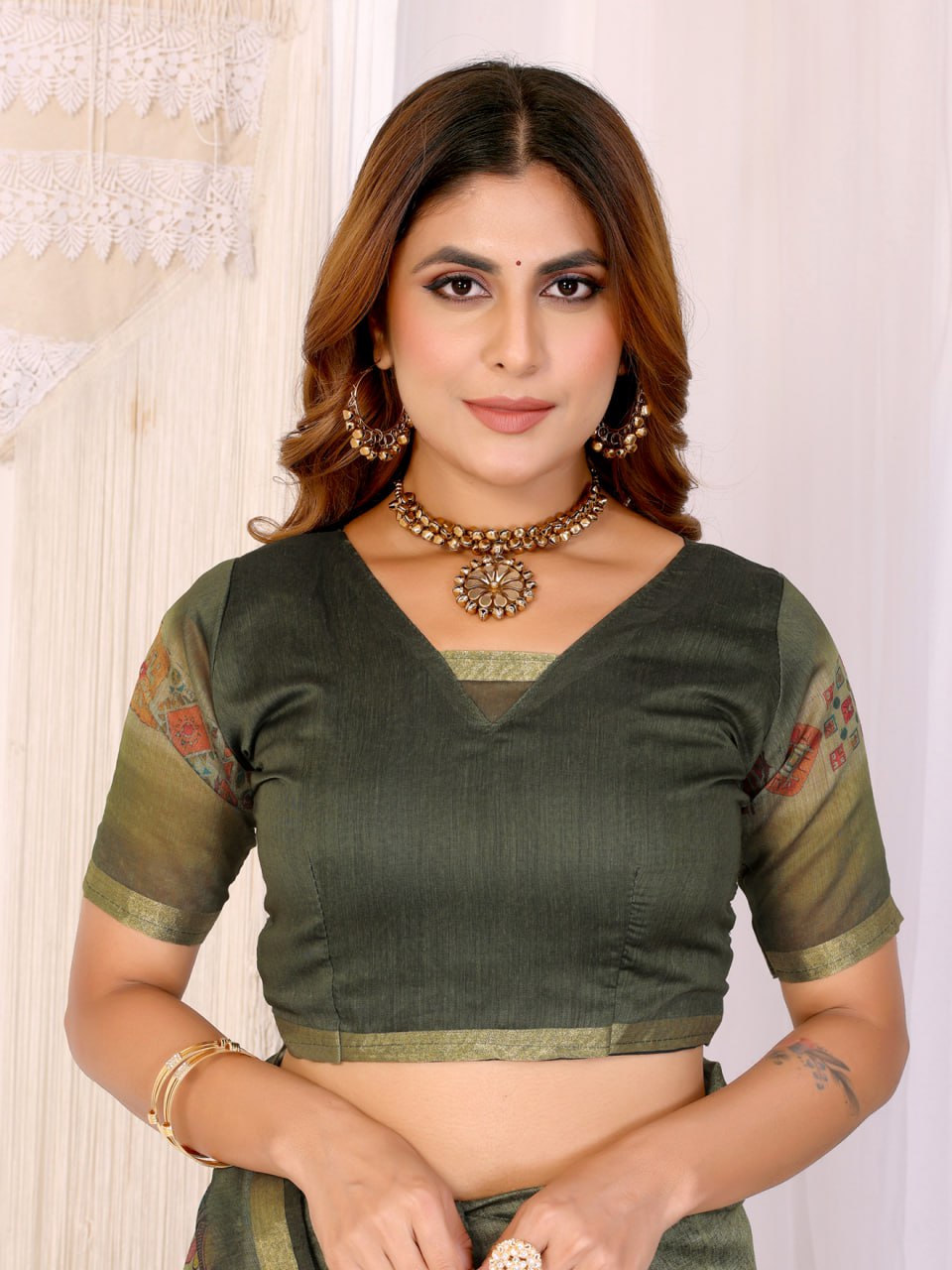 Olive Green Chanderi Saree with Traditional Geometric Borde