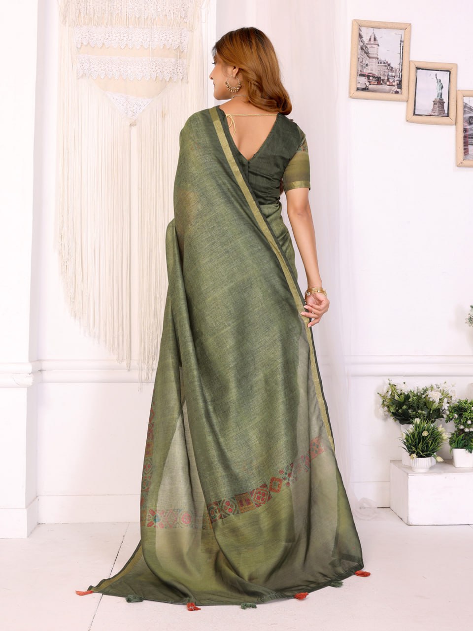 Olive Green Chanderi Saree with Traditional Geometric Borde