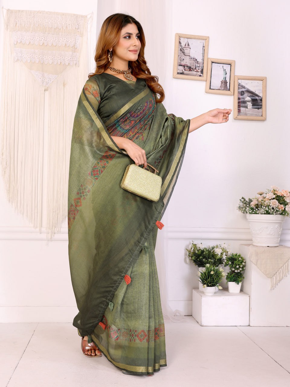 Olive Green Chanderi Saree with Traditional Geometric Borde