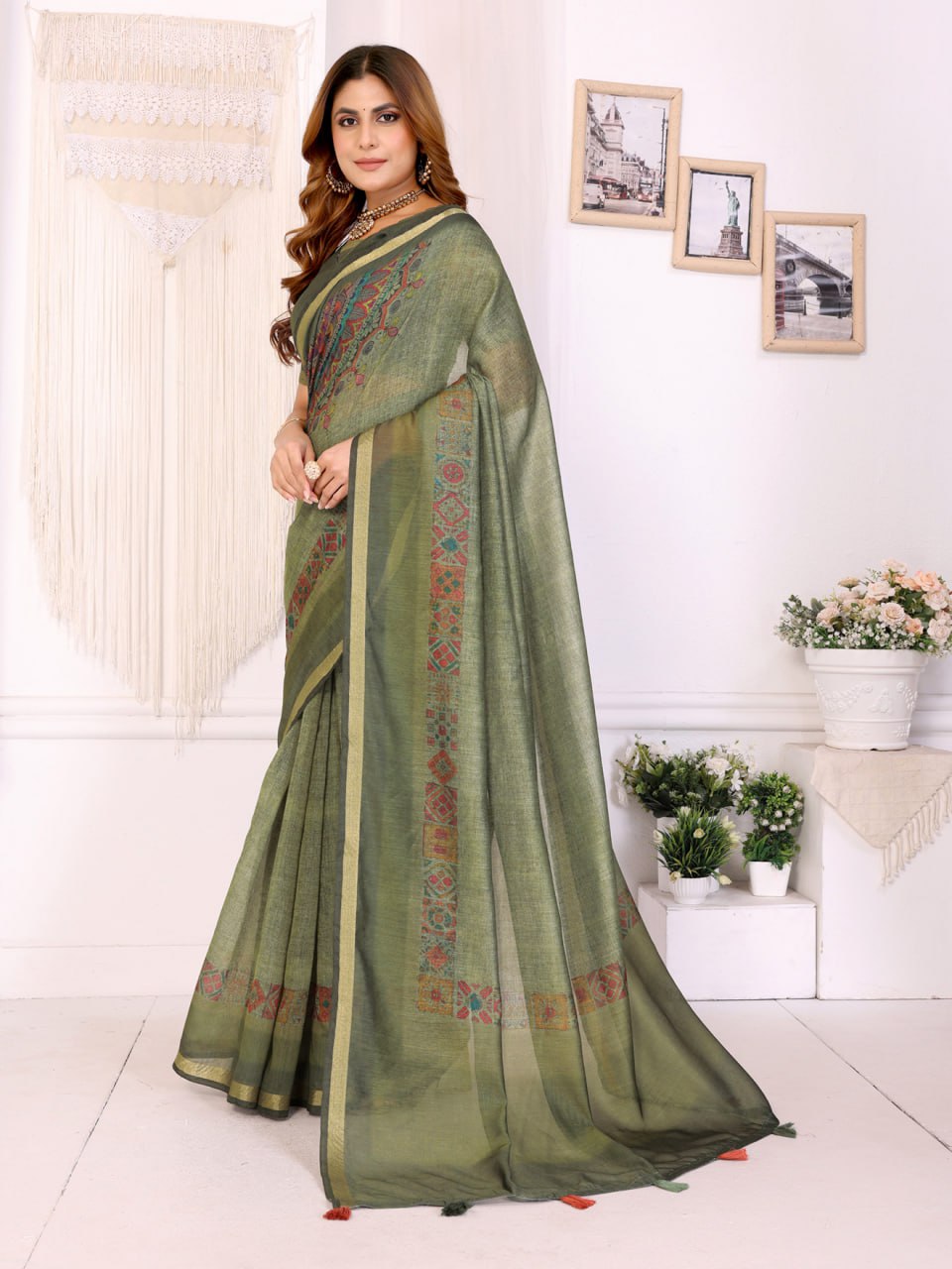 Olive Green Chanderi Saree with Traditional Geometric Borde