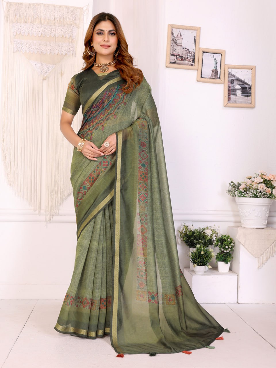 Olive Green Chanderi Saree with Traditional Geometric Borde