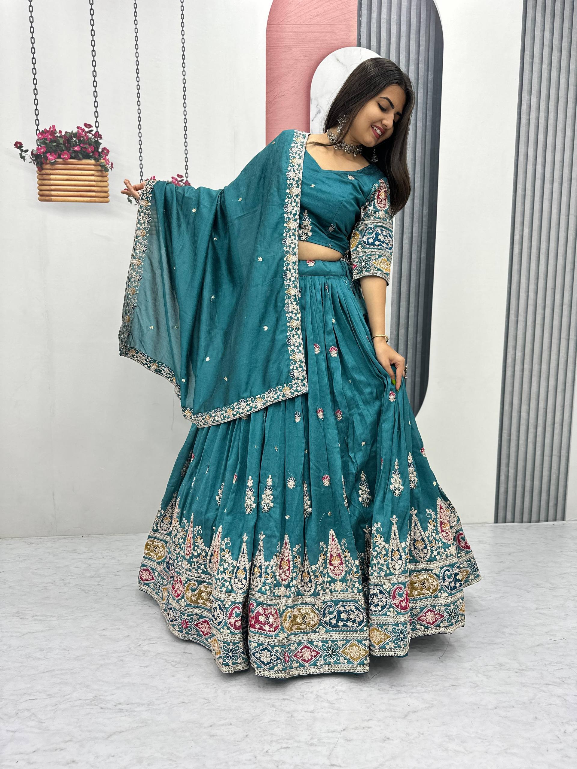 Pure Vichitra Embroidered Lehenga Set