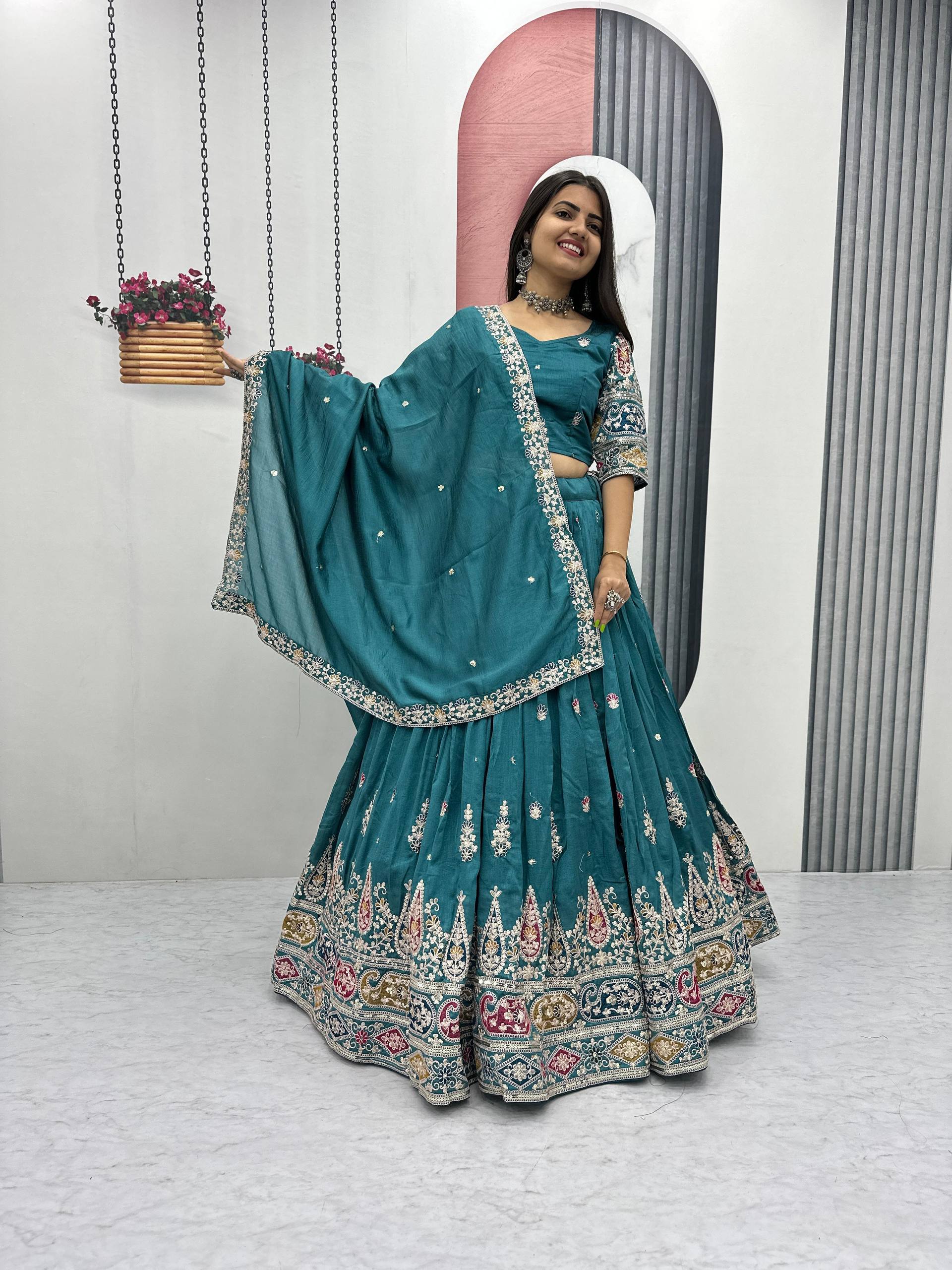Pure Vichitra Embroidered Lehenga Set