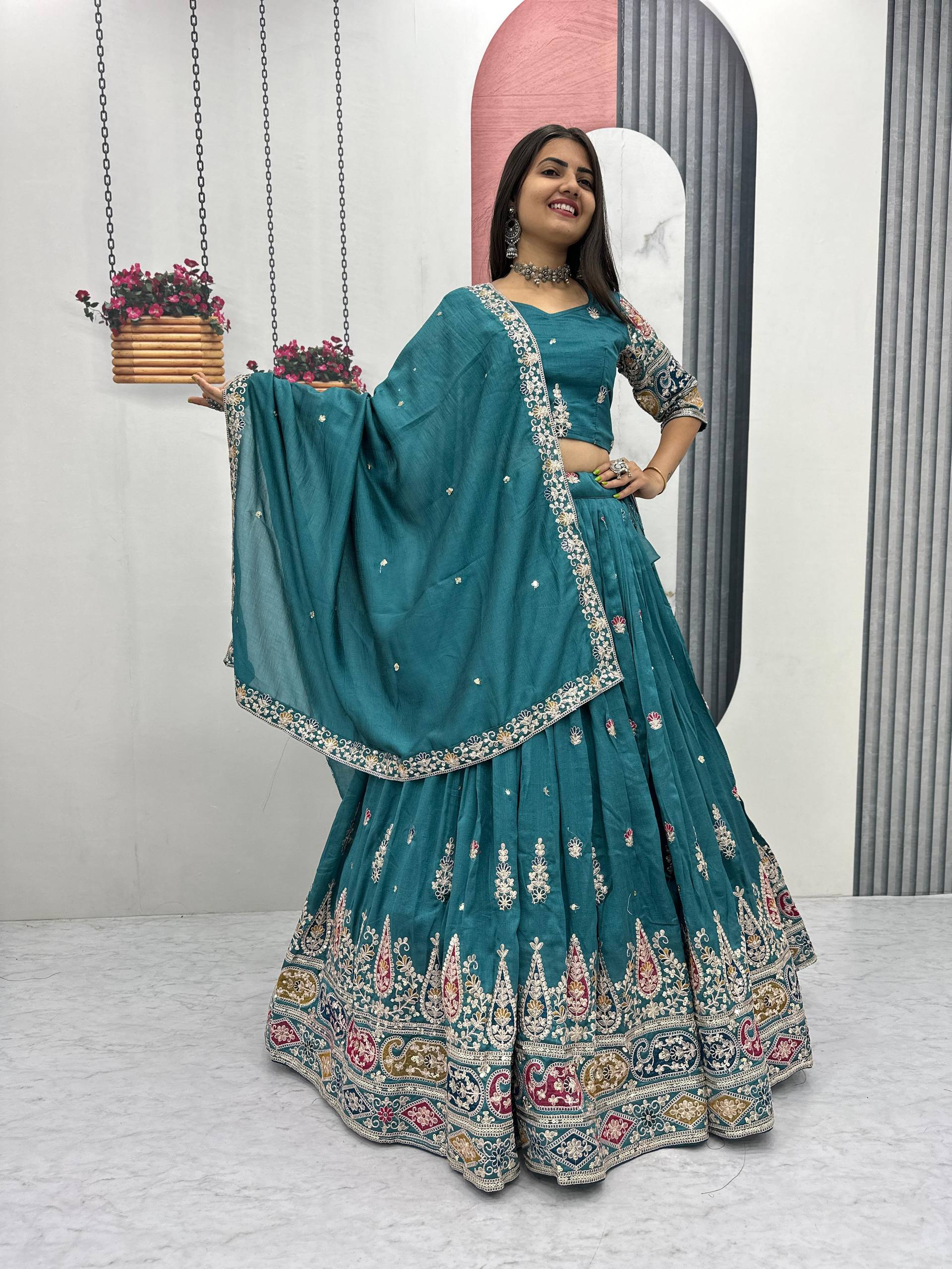 Pure Vichitra Embroidered Lehenga Set