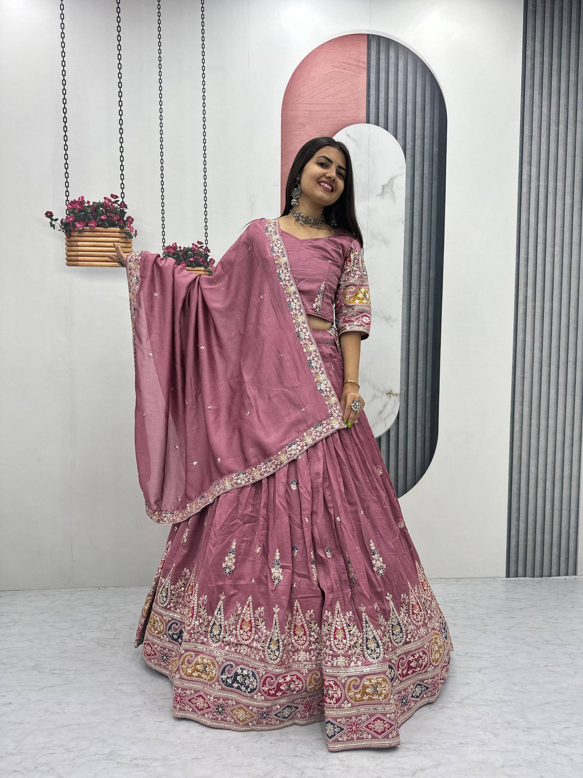 Pure Vichitra Embroidered Lehenga Set