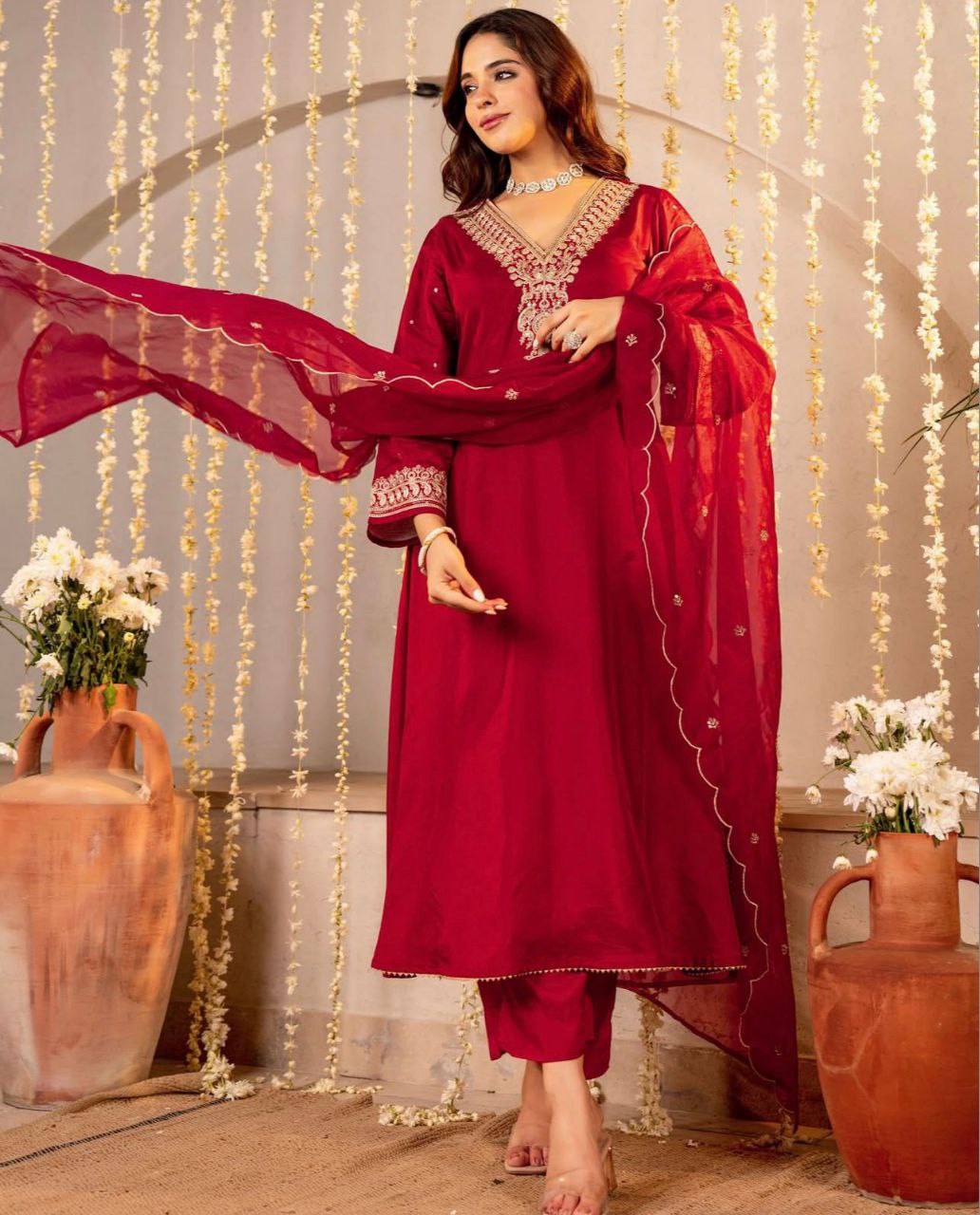 Premium Roman Silk Embroidered Kurta Pant Set with Organza Dupatta | Designer Party & Festive Wear Collection