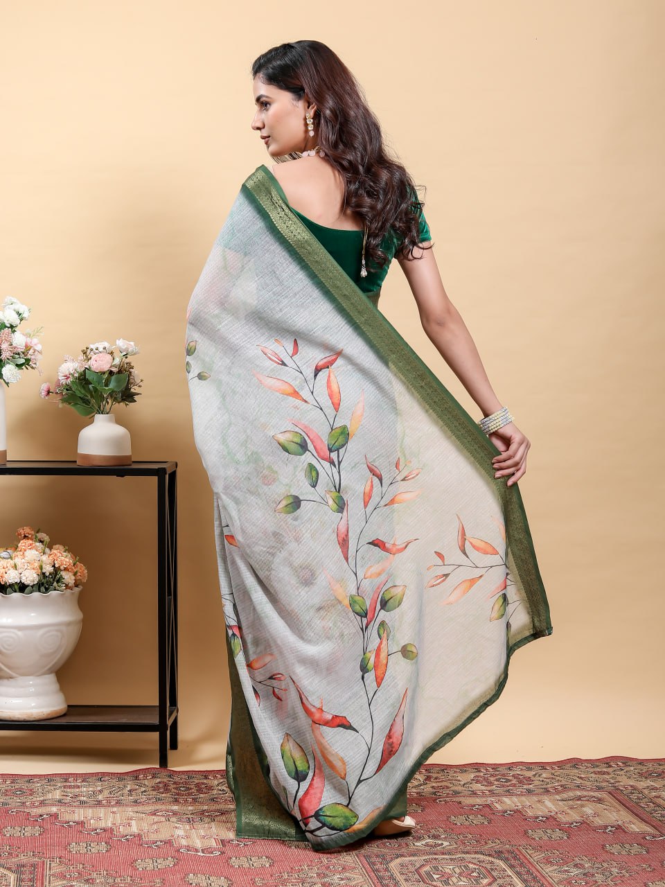 Elegant Light Grey Jacquard Patta Linen Cotton Saree with Olive Green Zari Border & Modern Floral Digital Print | Designer Festive Wear Collection