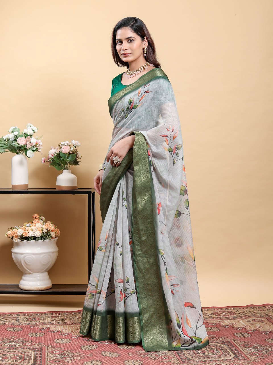 Elegant Light Grey Jacquard Patta Linen Cotton Saree with Olive Green Zari Border & Modern Floral Digital Print | Designer Festive Wear Collection
