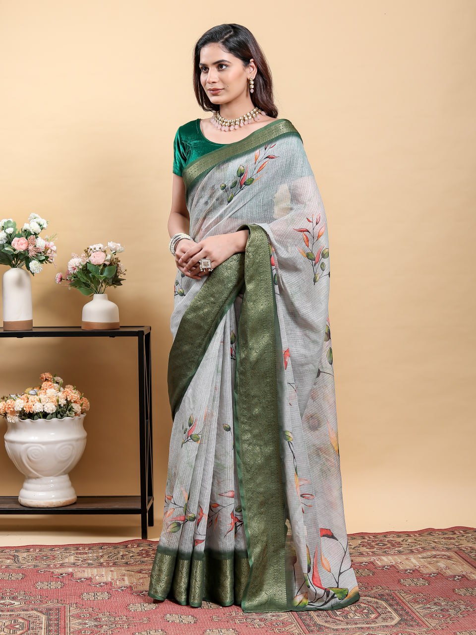 Elegant Light Grey Jacquard Patta Linen Cotton Saree with Olive Green Zari Border & Modern Floral Digital Print | Designer Festive Wear Collection
