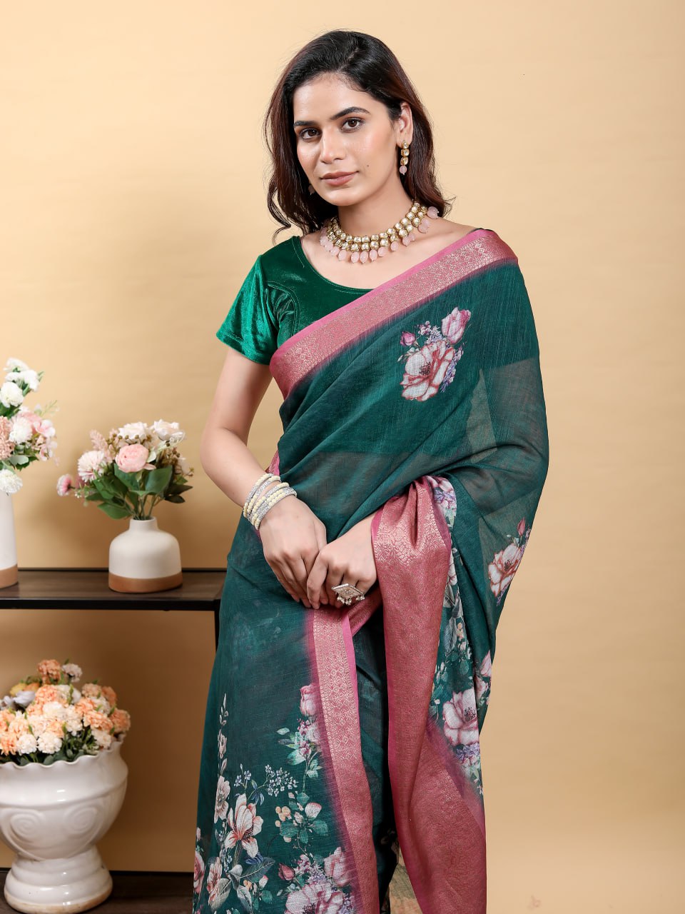 Stunning Teal Jacquard Linen Cotton Saree with Large Floral Digital Print & Contrast Pink-Maroon Zari Border | Designer Festive Collection