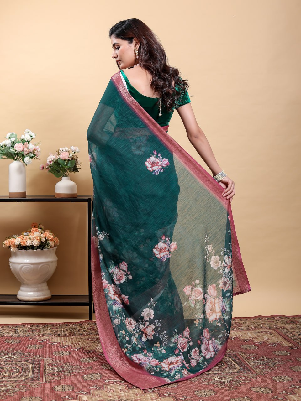 Stunning Teal Jacquard Linen Cotton Saree with Large Floral Digital Print & Contrast Pink-Maroon Zari Border | Designer Festive Collection
