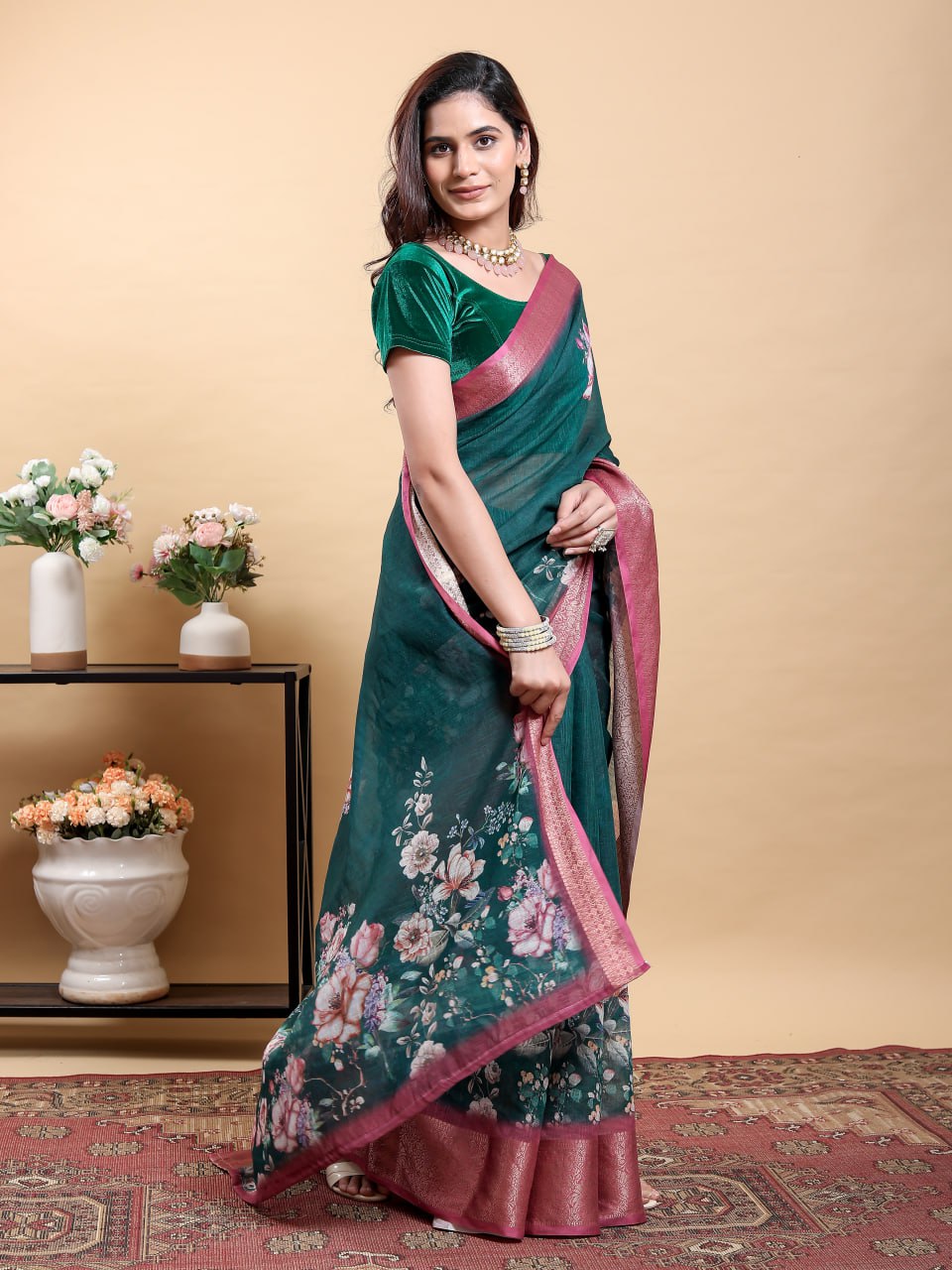 Stunning Teal Jacquard Linen Cotton Saree with Large Floral Digital Print & Contrast Pink-Maroon Zari Border | Designer Festive Collection
